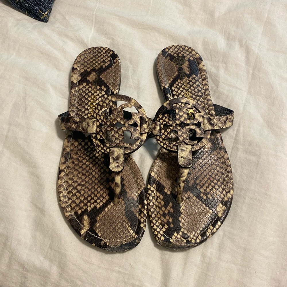 Tory Burch snake skin flip flops